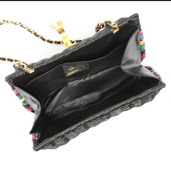 Benchmade Wicker Handbag Purse Woven Straw Chain Strap Black Rainbow Gold Clasp - Picture 5 of 9